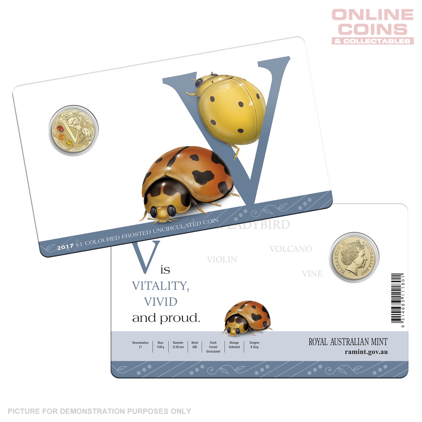 2017 $1 Coloured Alphabet Frosted Uncirculated Coin In Card - V For Variable Ladybug